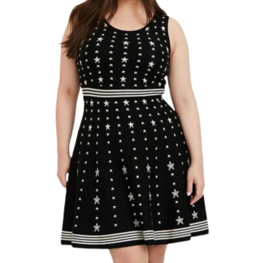 Torrid women's dress plus size 0 black white star print knit fit and flare tank